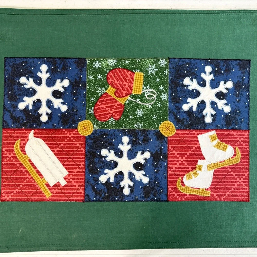 Vintage Winter Holiday Placemat Green Applique Snowflake Mittens Ice Skates Sled
